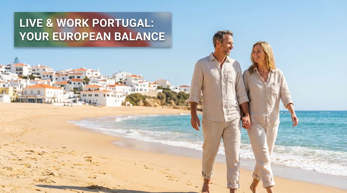 Europäisches Paar genießt einen sonnigen Strand in Portugal mit traditioneller Architektur im Hintergrund.