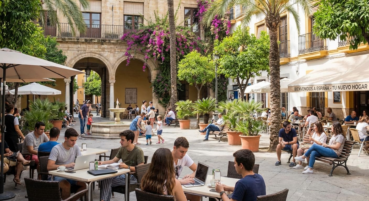 Junge Berufstätige und Familien genießen einen sonnigen spanischen Platz, umgeben von historischer Architektur und üppigem Grün.