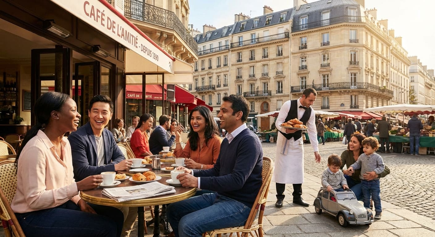 Menschen verschiedener Herkunft genießen ein französisches Café, mit ikonischer Architektur im Hintergrund, das die Lebensqualität in Frankreich darstellt.