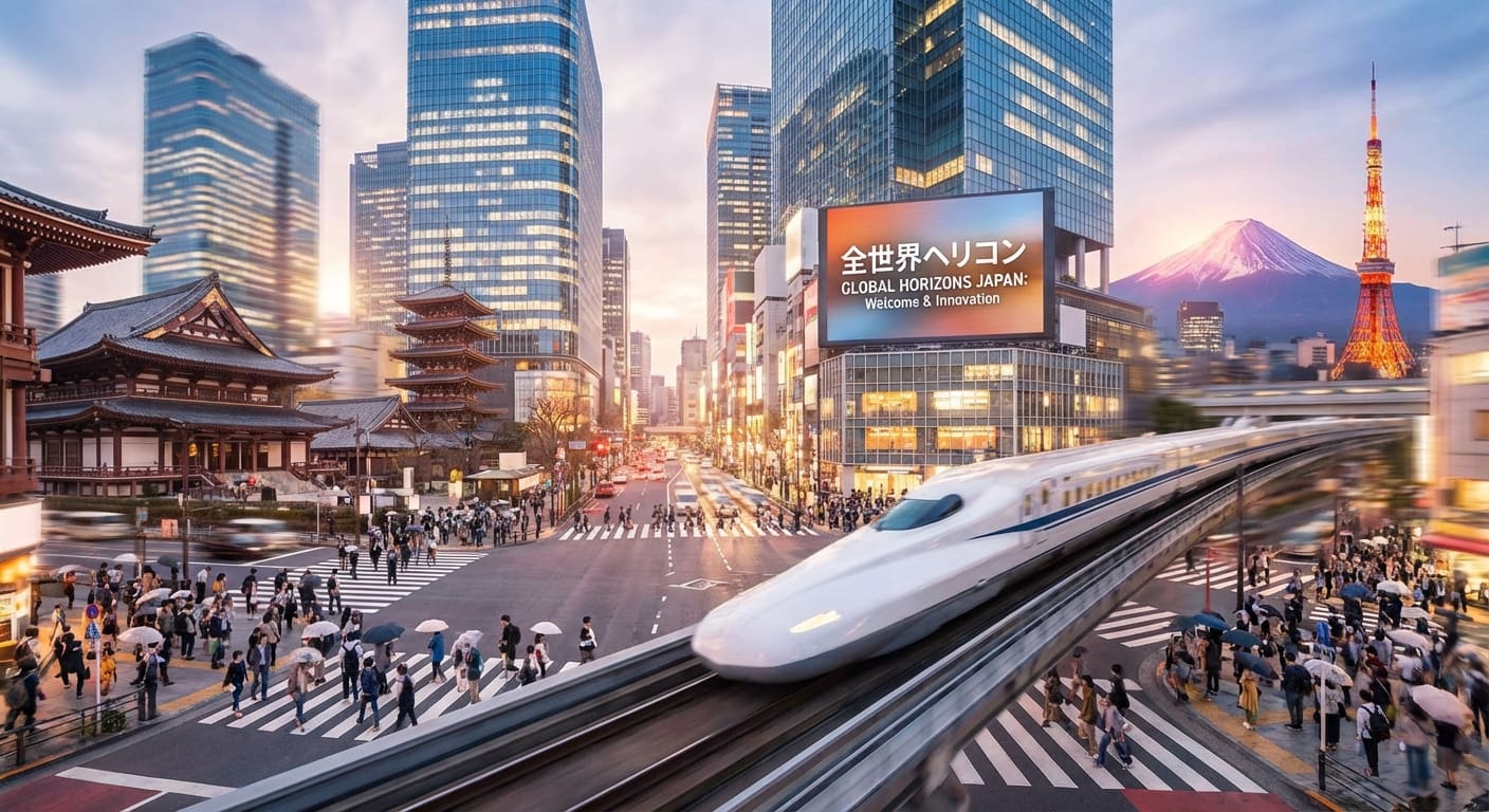 Moderne japanische Stadtansicht mit traditionellen und zeitgenössischen Gebäuden, Hochgeschwindigkeitszügen und Menschen unterschiedlicher Herkunft.