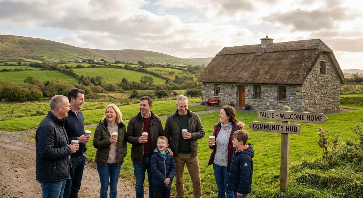 Eine Gruppe von Menschen unterschiedlicher Herkunft unterhält sich vor einer irischen Landschaft mit grünen Hügeln und einem Steinhaus.