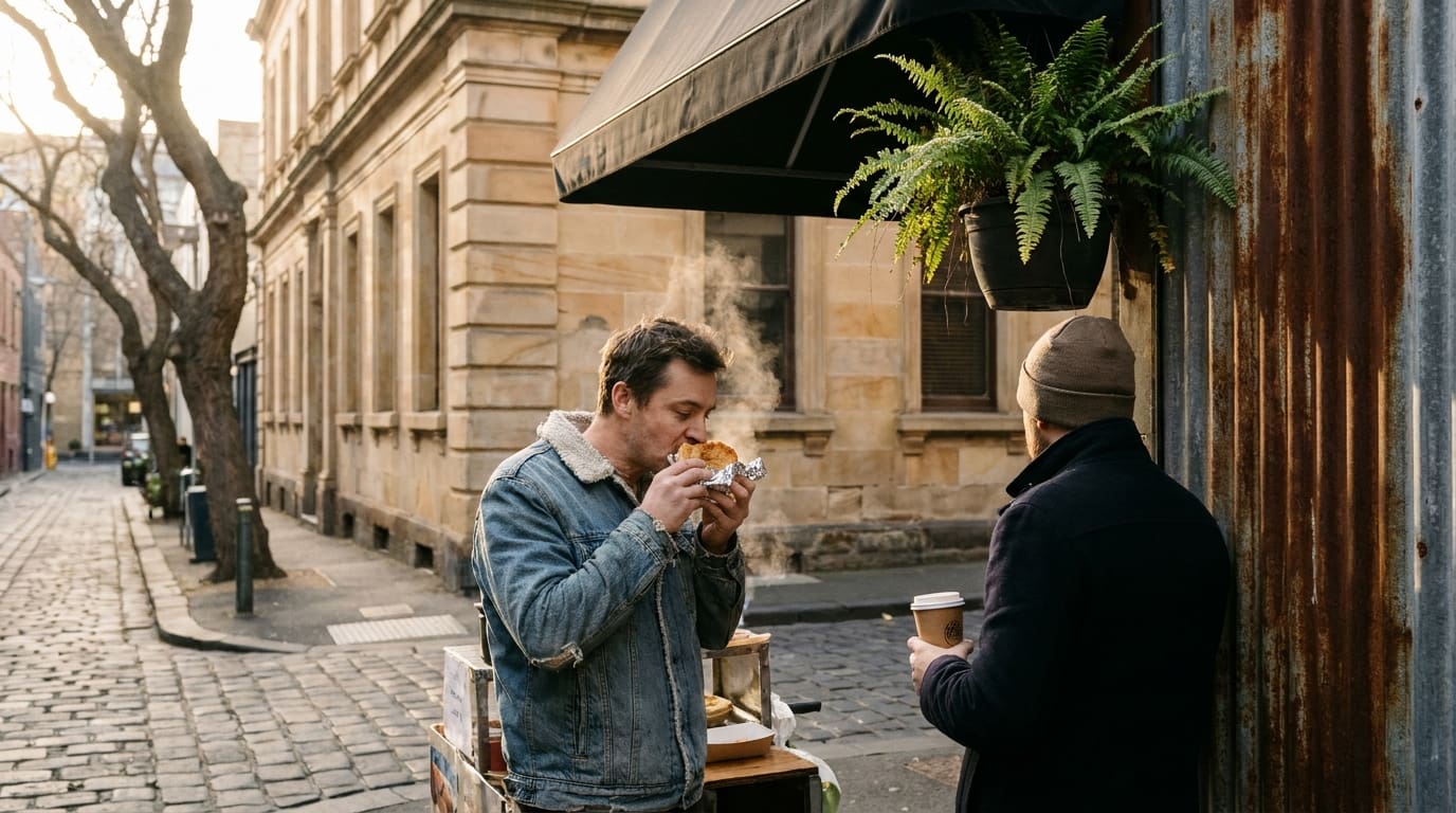 Two expats enjoy a meat pie and cappuccino in a lane café in Melbourne, highlighting the daily life in Australia.