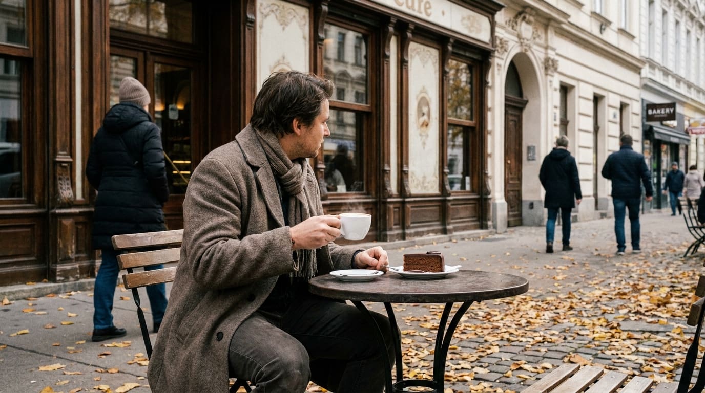 A typical Viennese cafΓ© scene with Wiener Melange and Sachertorte, capturing daily life in Austria. A typical Viennese cafΓ© scene with Wiener Melange and Sachertorte, capturing daily life in Austria.