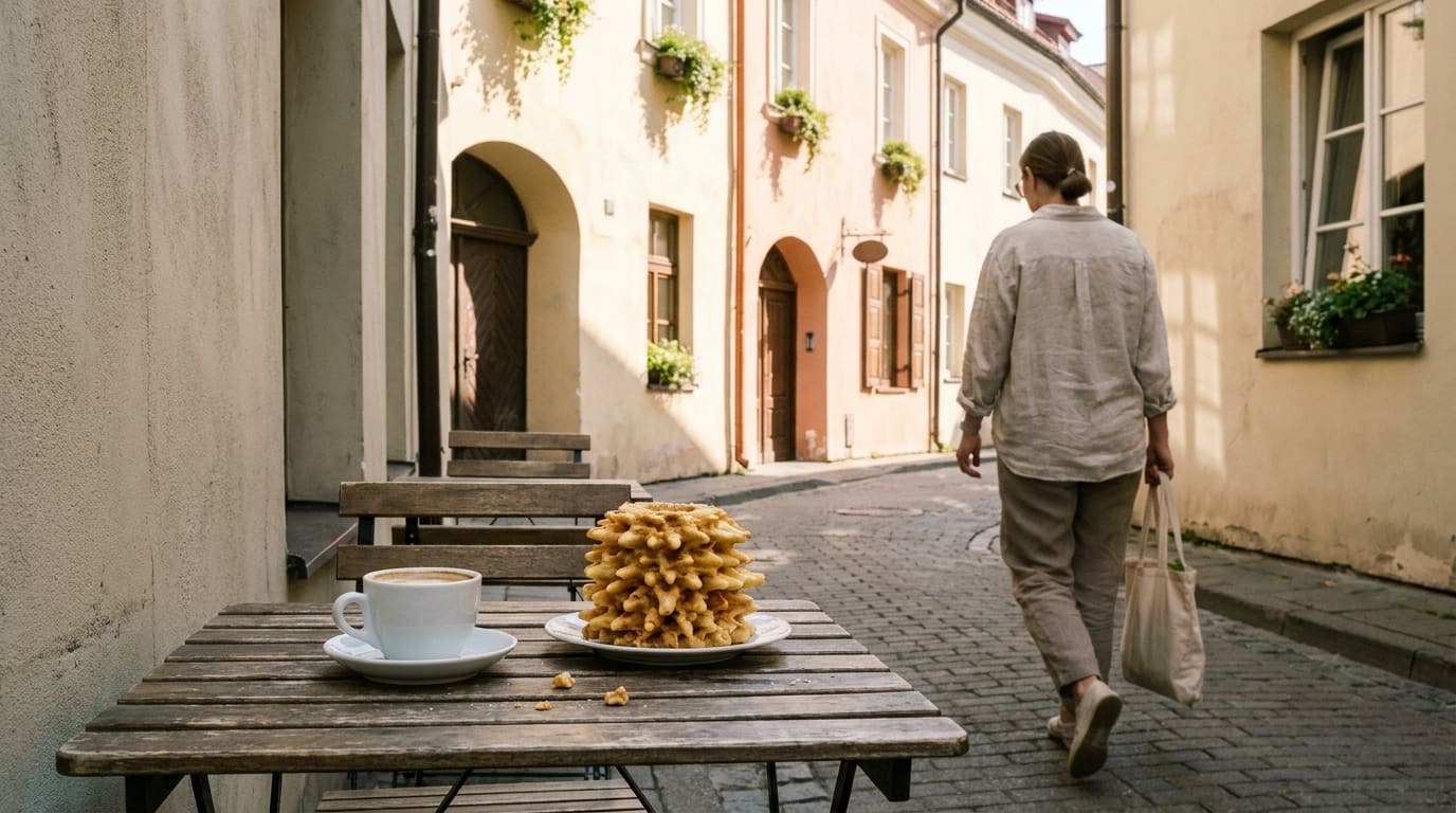 Move to Lithuania: Coffee and traditional šakotis cake at a sunny outdoor café in Vilnius Old Town.