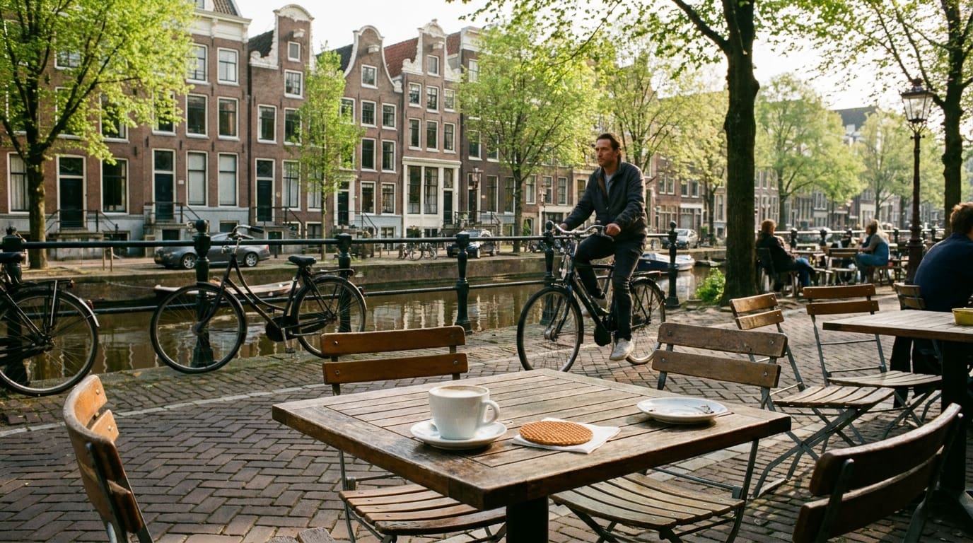Move to the Netherlands: coffee and a stroopwafel beside an Amsterdam canal, with Dutch bicycles and brick houses.