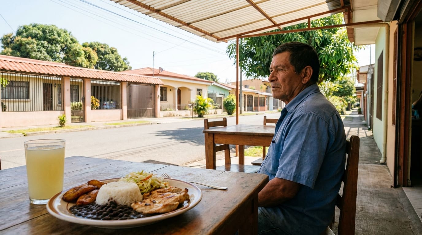 A traditional casado lunch at a San José soda captures everyday life when moving to Costa Rica.