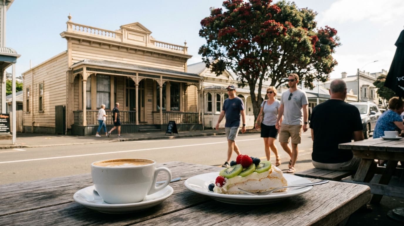 A Wellington cafe scene with a flat white coffee and pavlova, showcasing New Zealand's lifestyle.