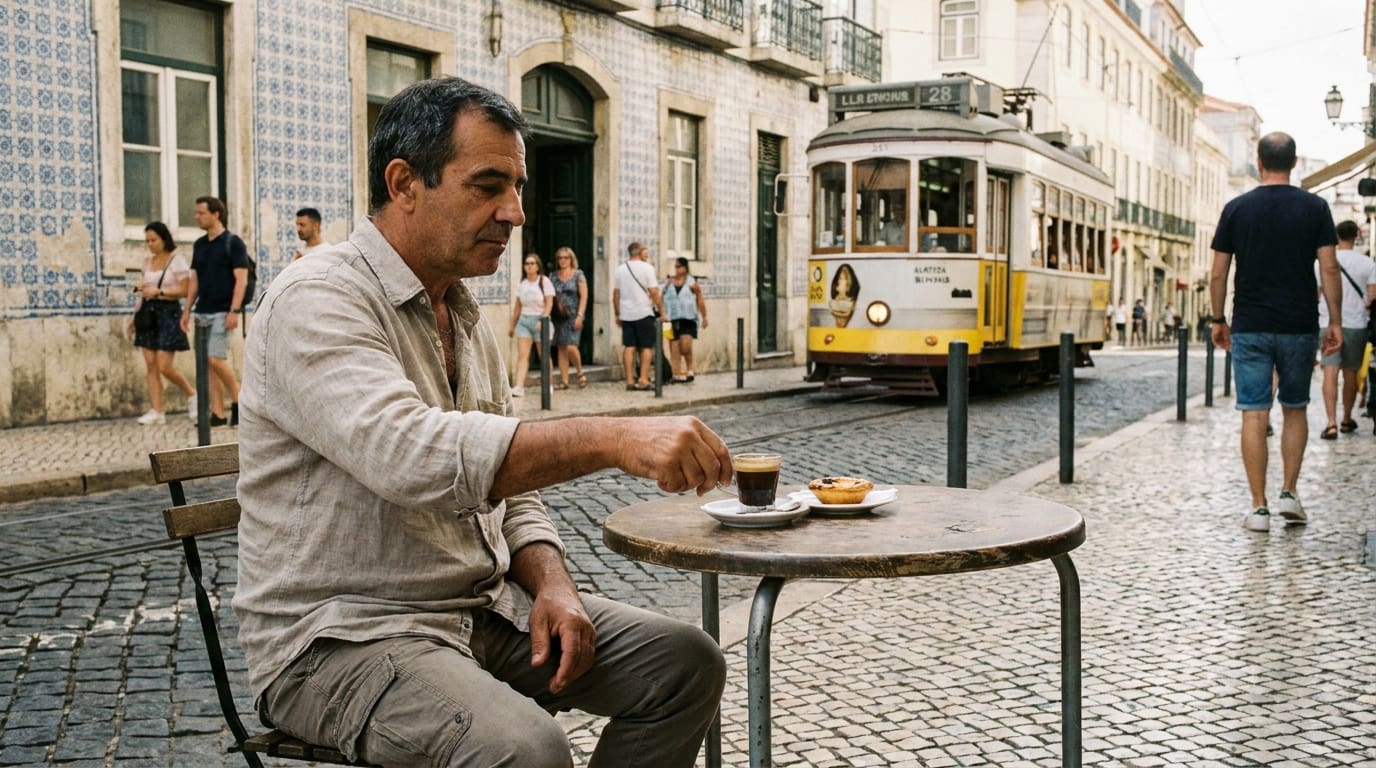 A café table in Lisbon with pastel de nata and espresso, capturing a moment of daily life in Portugal.